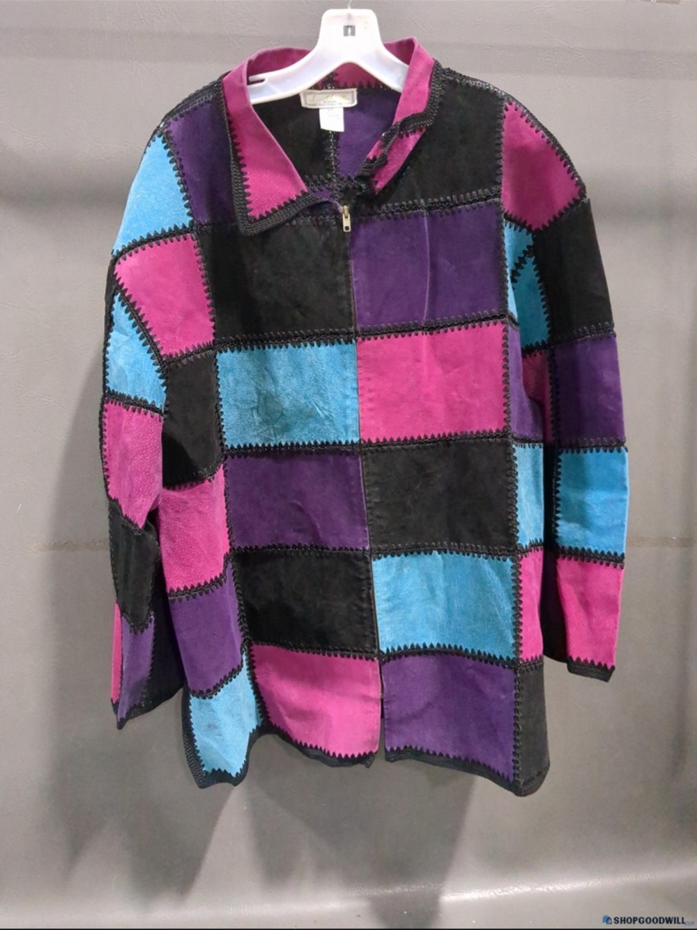 Vintage Leather Patchwork Suede w/Crochet Zip Up Jacket        Sz 2X